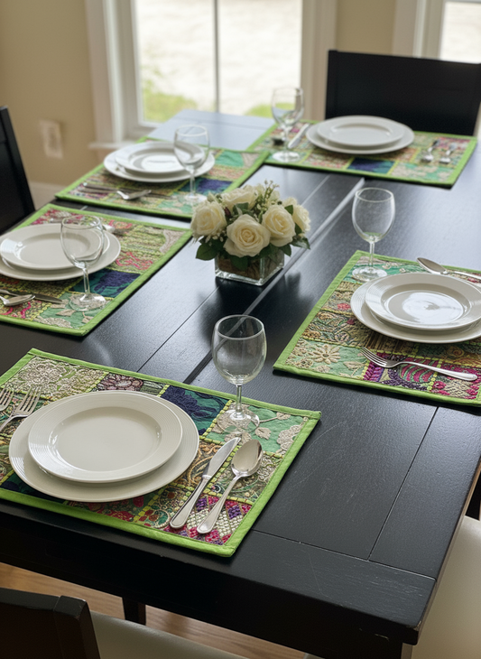 Dining table set with plates, glasses, and floral centerpieces on colorful placemats.