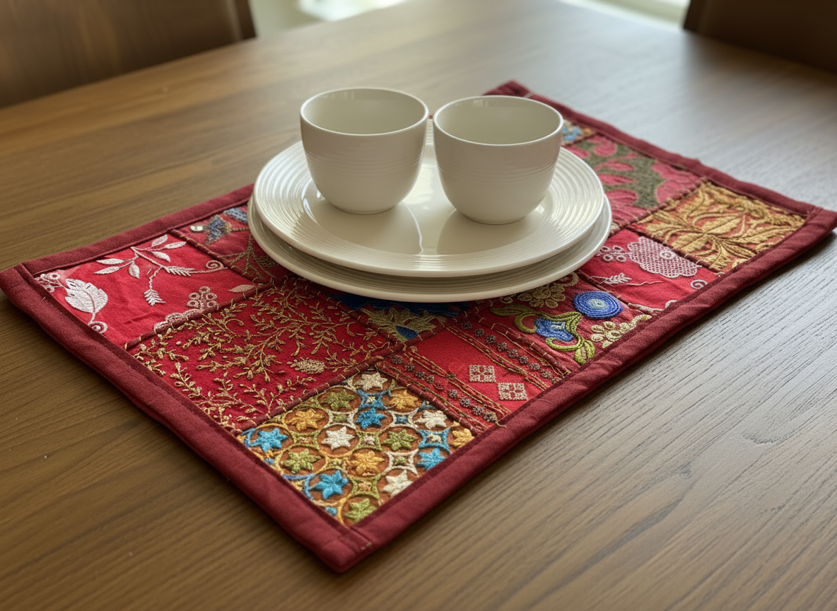 Two white cups and saucers on a decorative red placemat with intricate patterns.
