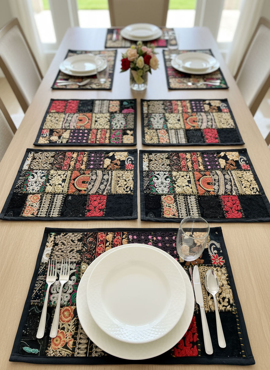 Dining table set with decorative placemats, plates, and cutlery.