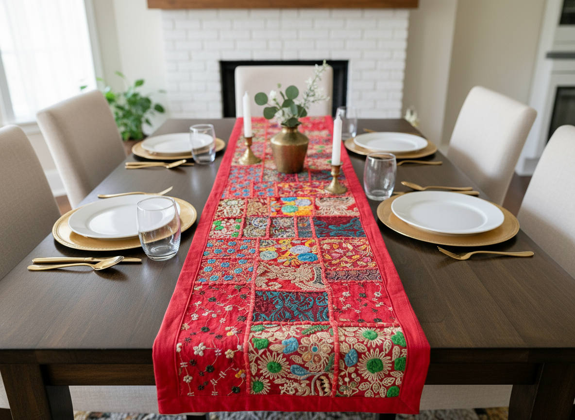 Dining table set with a colorful patchwork table runner, white plates, gold cutlery, and glasses.