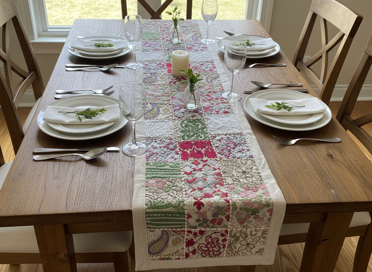 Dining table set with a patterned table runner, plates, glasses, and cutlery.
