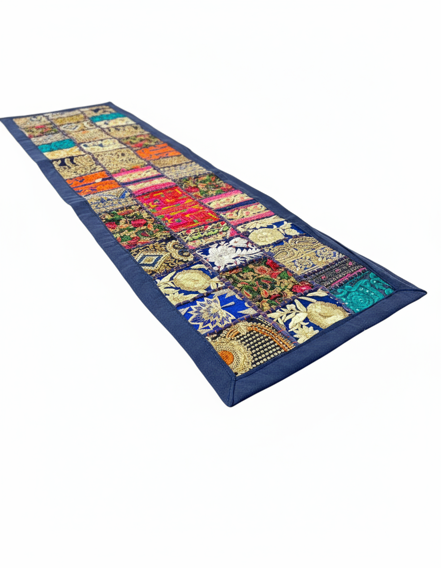 Colorful patchwork table runner on a white background