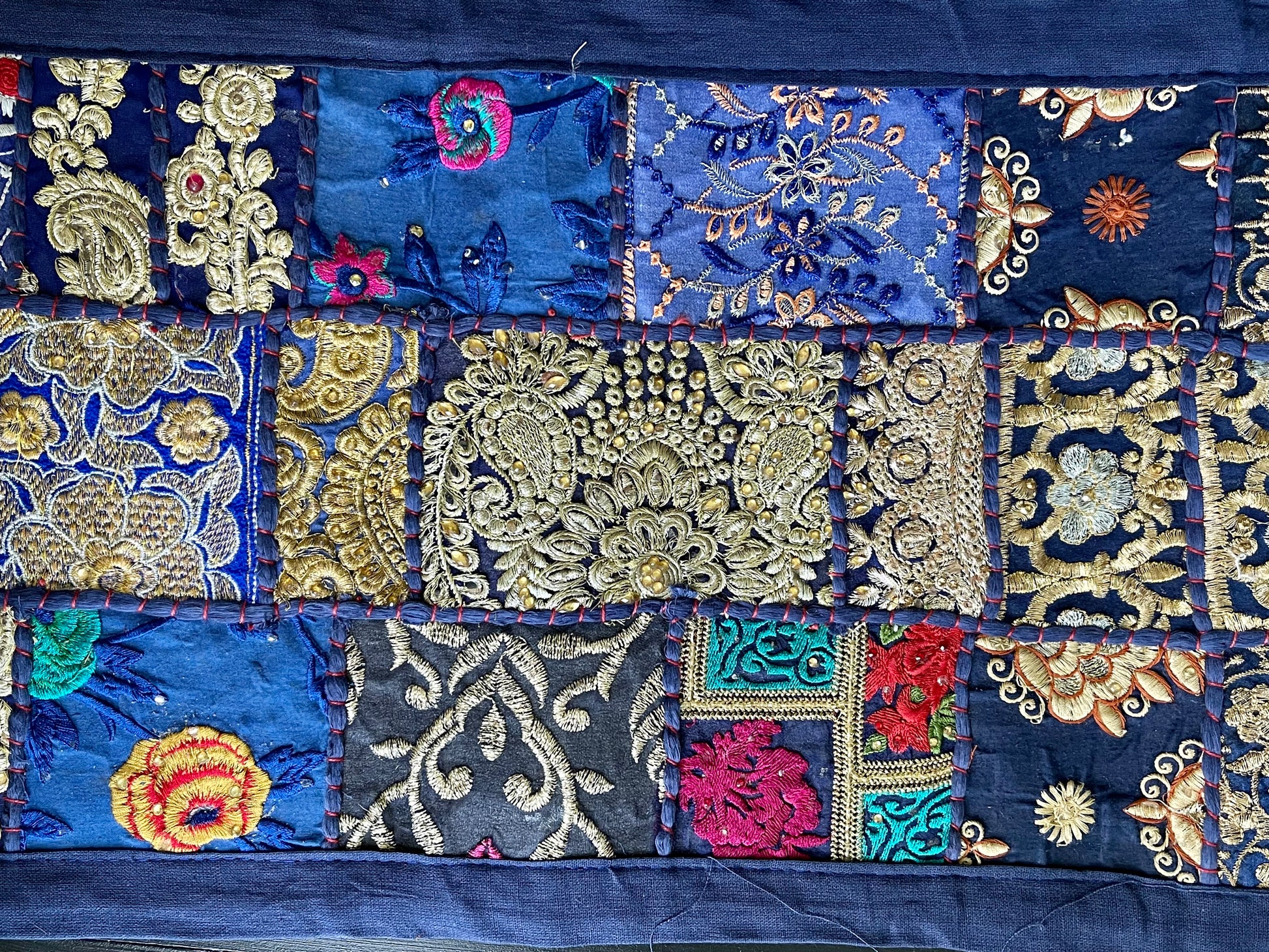 Handwoven Kutchi Khambhadia work table runners, featuring vibrant patchwork and intricate embroidery, adding a touch of traditional Indian craftsmanship to your table.
