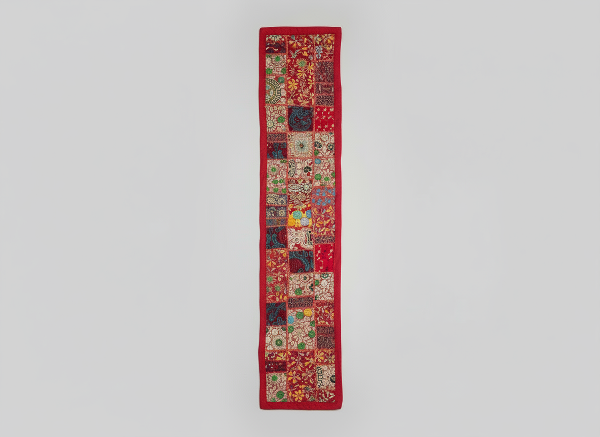 Decorative red fabric panel with patchwork design on a white background
