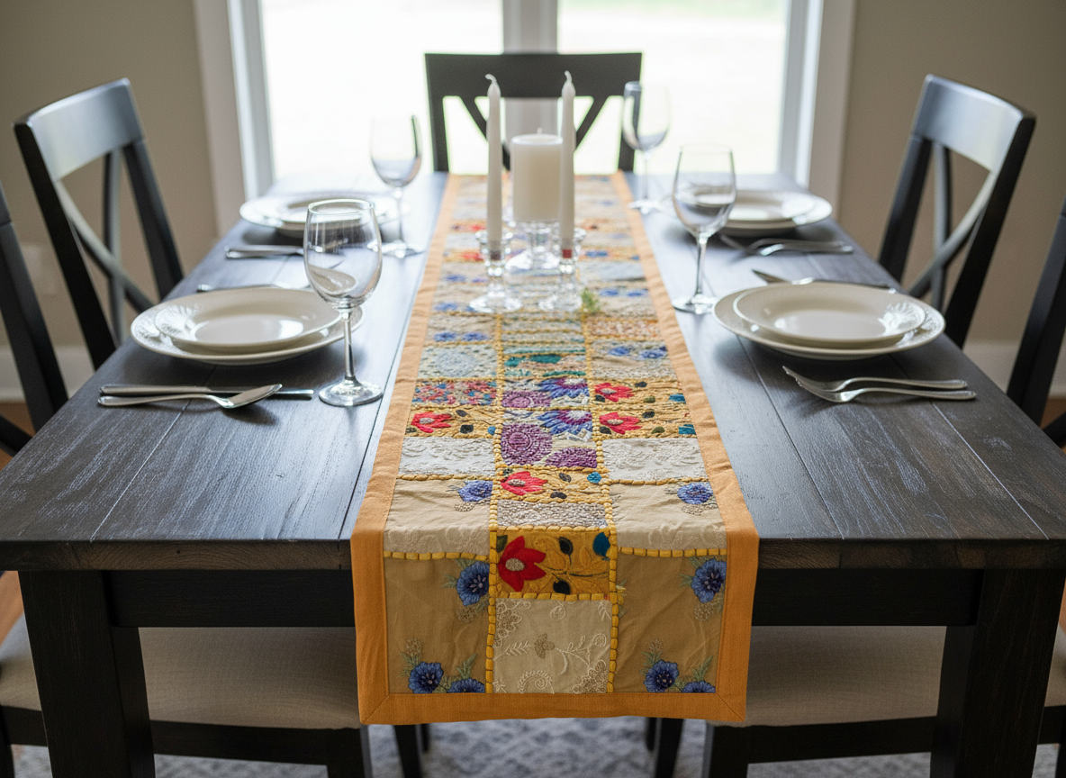 Dining table set with a colorful patchwork table runner, plates, and glasses.