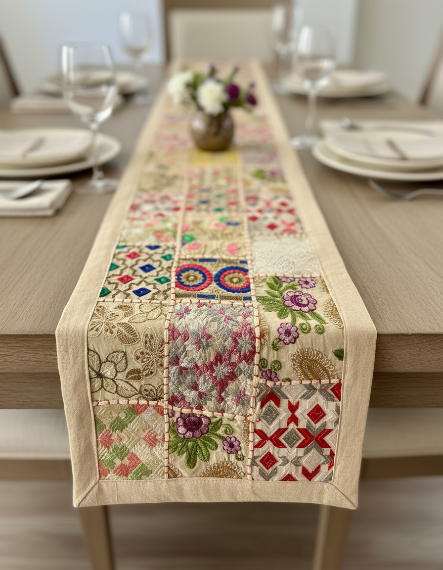 Colorful patchwork table runner on a dining table with floral decorations.