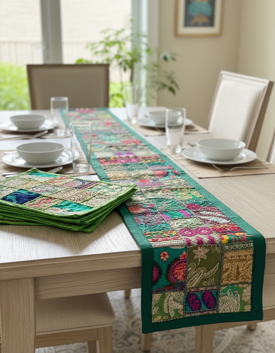 Colorful patchwork table runner on a dining table with chairs and plates.