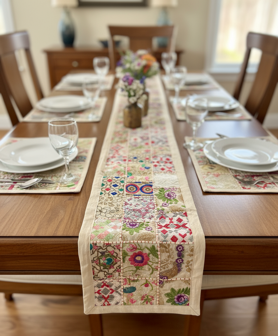 Dining table set with a floral patterned table runner, patchwork placemats, plates, and glasses.