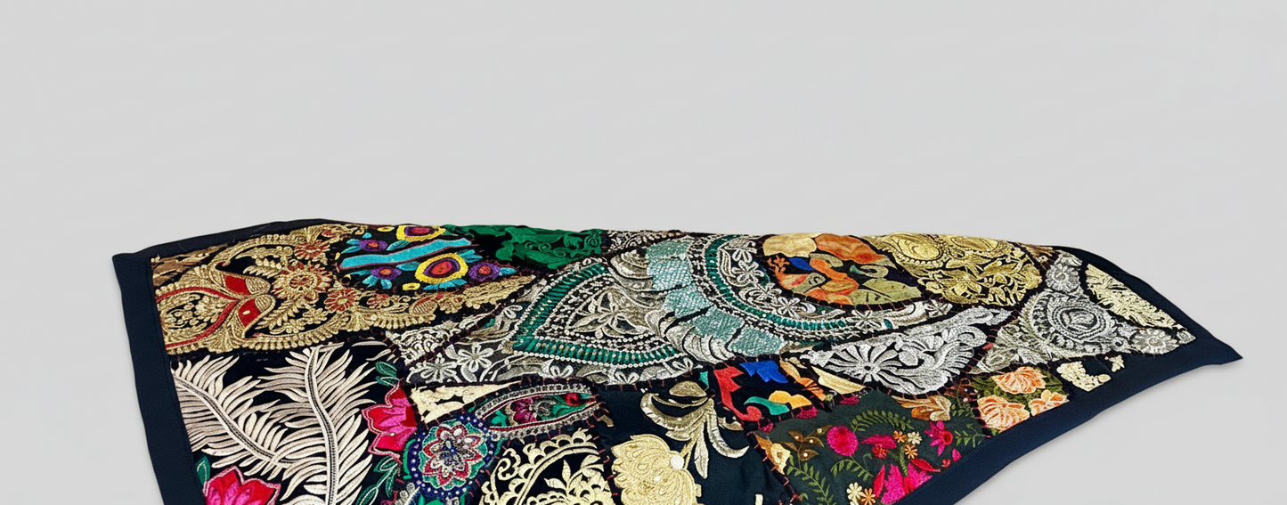 Colorful embroidered fabric with intricate patterns on a light gray background