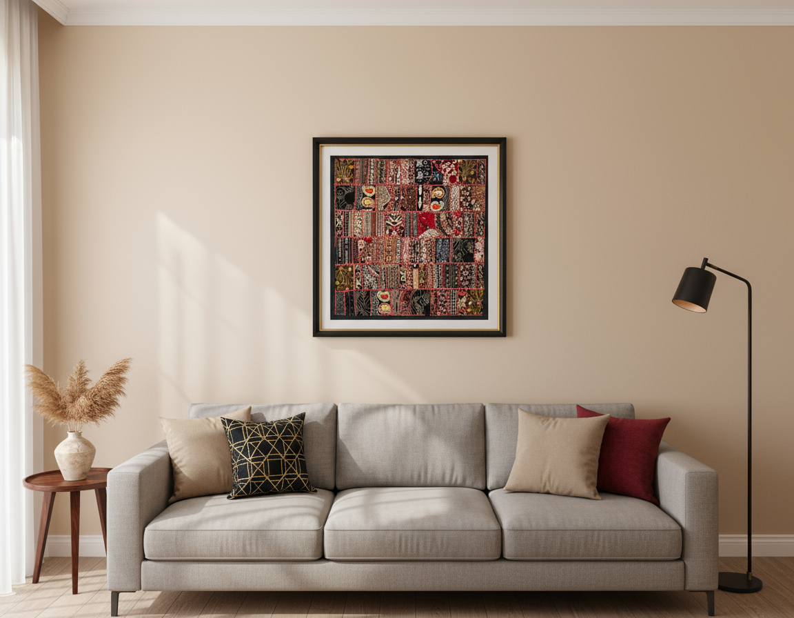 Living room with a gray sofa, decorative pillows, and a framed artwork on the wall.