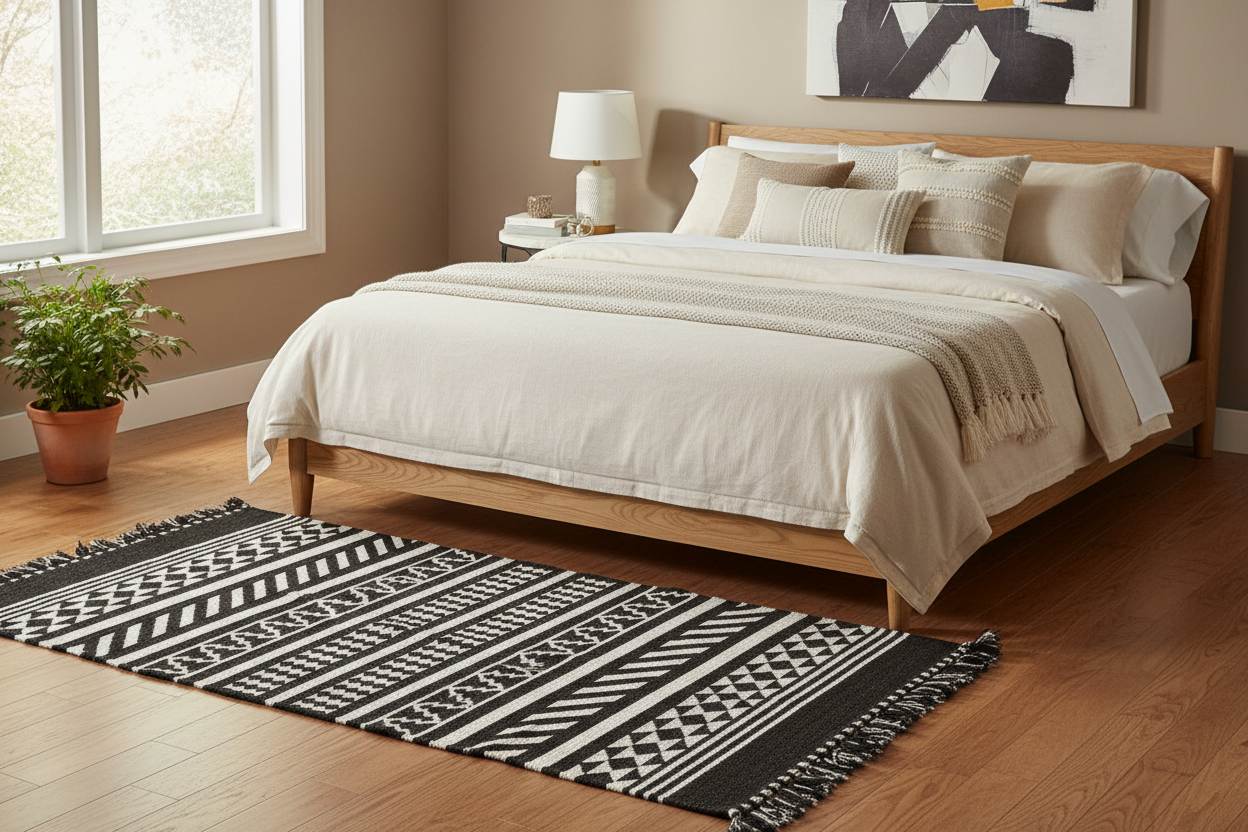 Black and white Kutchi Kharad geometric patterned rug with tassels on a gray background