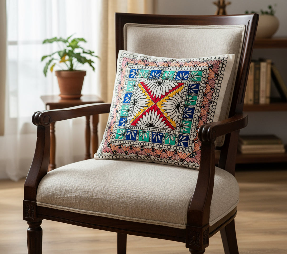 Decorative square cushion cover with intricate borders in Madhubani art on a wooden surface