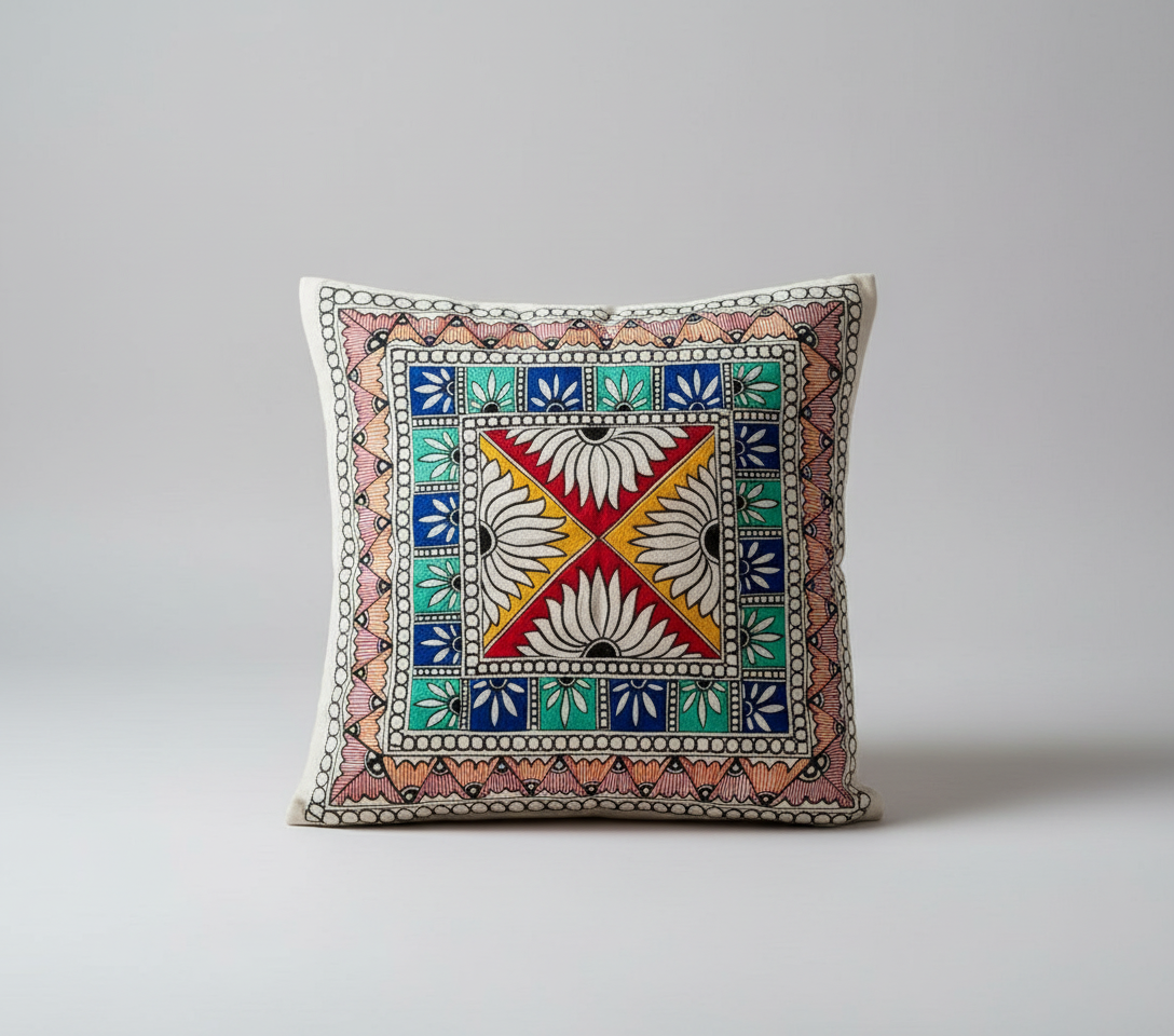 Decorative pillow with a colorful geometric pattern on a white background