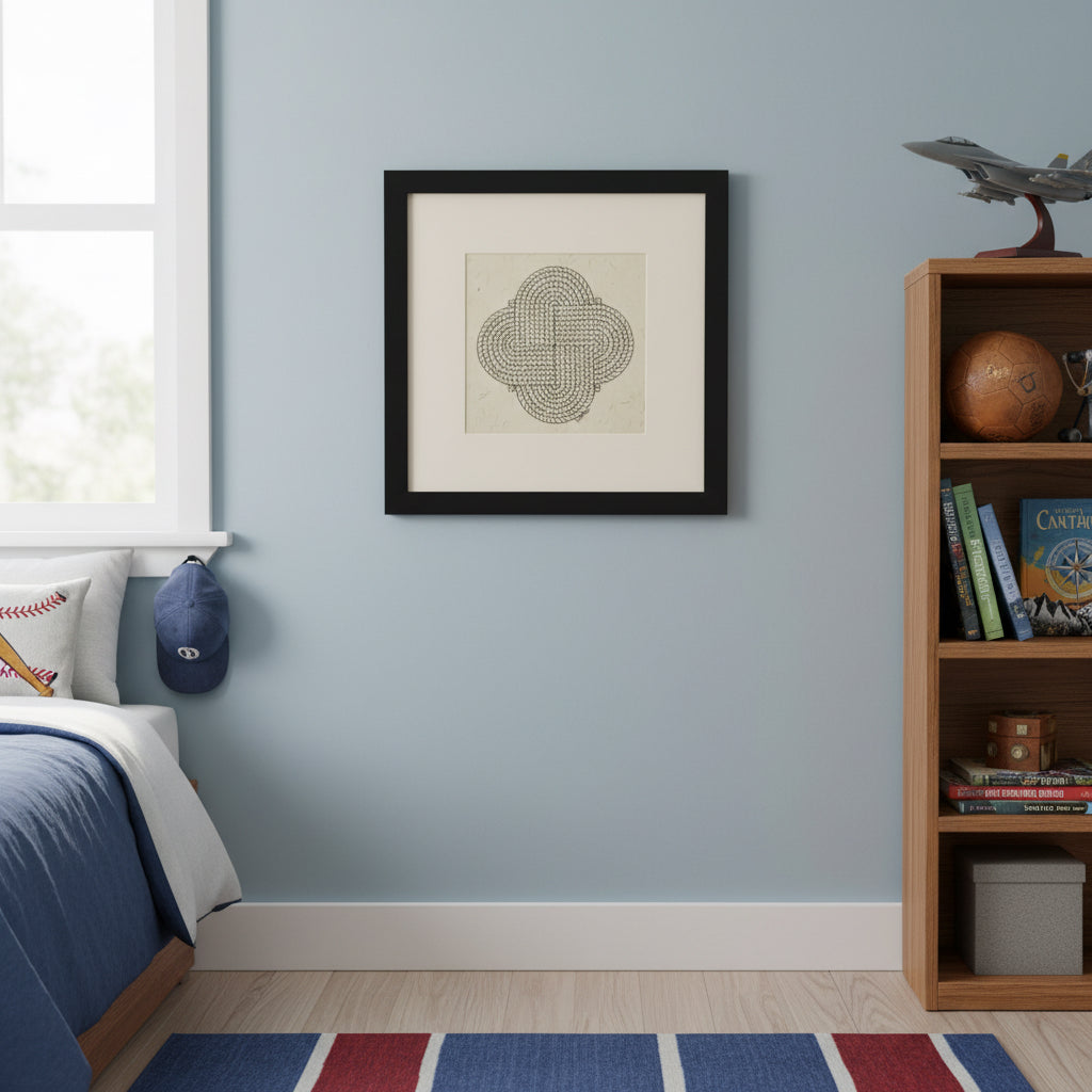 Framed artwork on a wall above a bed with a bookshelf to the right.