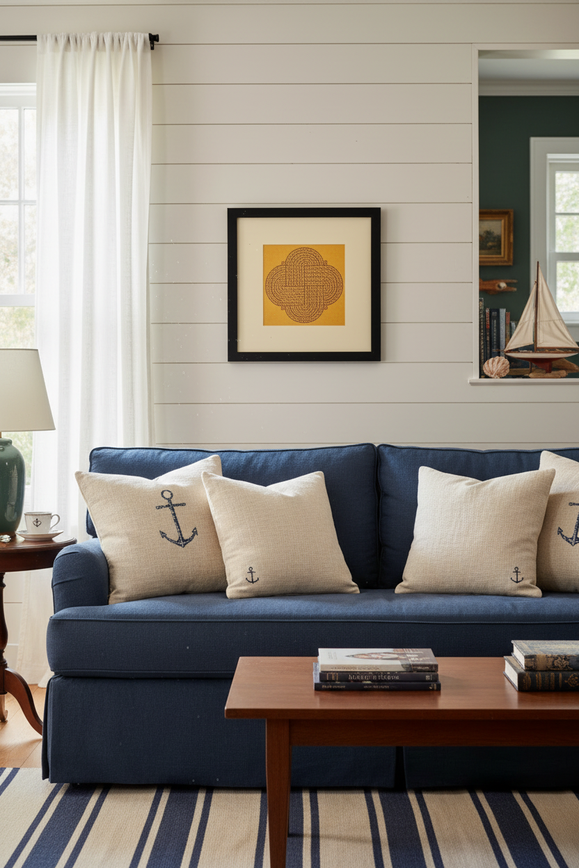 Framed Chittara art knotted motif artwork on a shiplap wall. A navy blue sofa in a bright living room with cream throw pillows featuring navy anchor embroidery, set against a white shiplap wall with a framed art print.