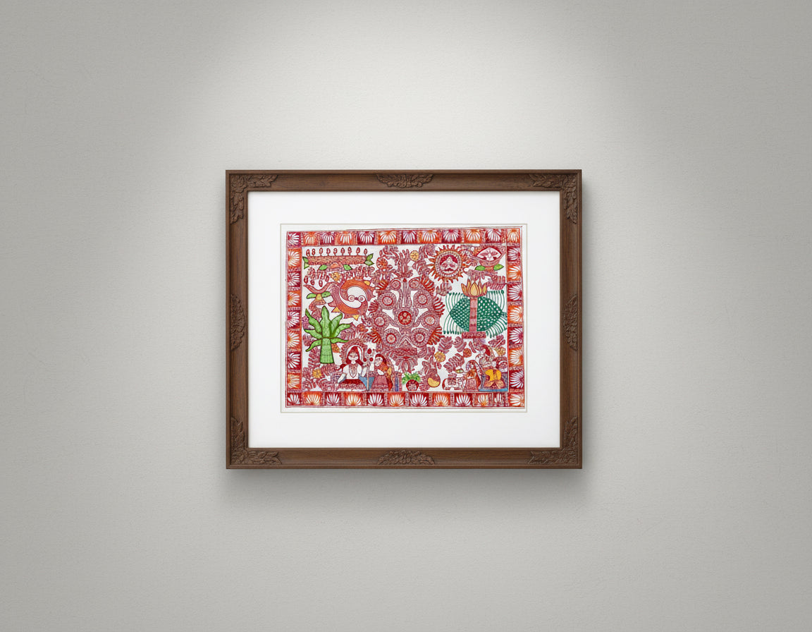 Colorful Madhubani Kohbar bridal with intricate patterns and figures on a plain background