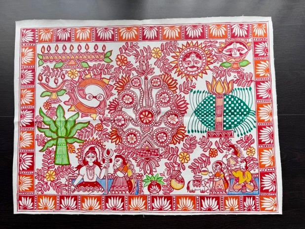 Colorful traditional Madhubani Kohbar bridal painting on a white background