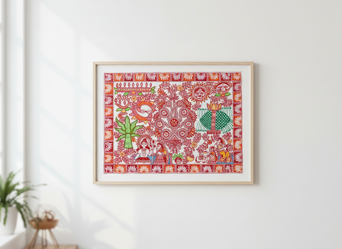 Framed colorful artwork on a white wall