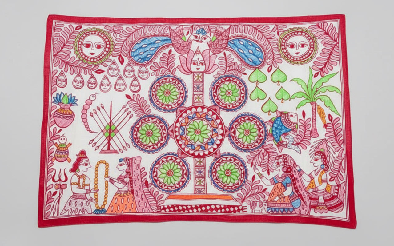 Handcrafted Heritage Kohbar Art Painting depicting vibrant motifs and traditional Madhubani art from Bihar.