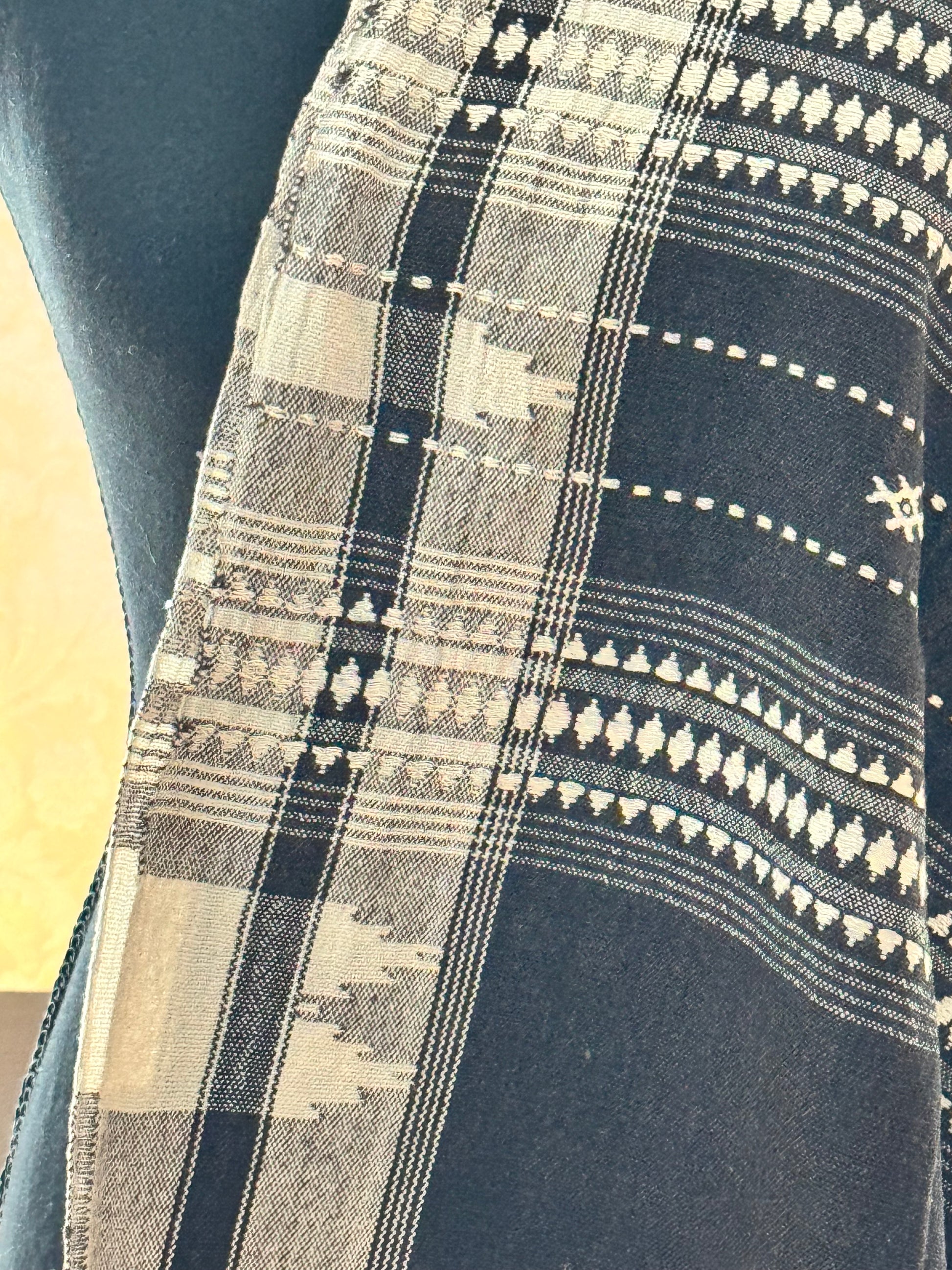 Close-up of patterned Kotpad weave stole with blue and beige colors