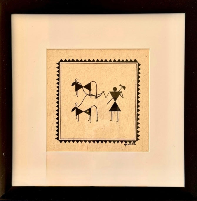 Framed Chittara art motif hand drawn painting featuring black geometric figures on a textured beige background, surrounded by a white mat and a black frame.