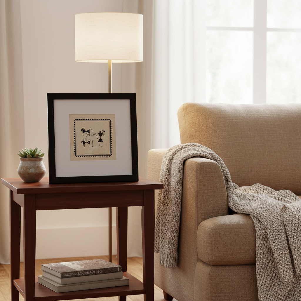 A framed Chittara art motif hand drawn  with black and white minimalist figures on a cream background, styled in a black frame on a dark wood side table next to a lit table lamp and a cozy beige armchair with a knitted throw blanket.