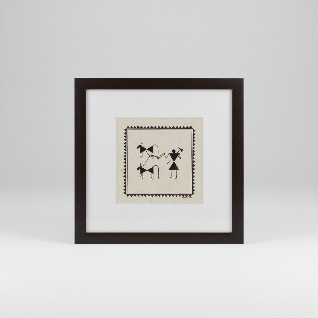 A framed Chittara art motif hand drawn,  featuring a minimalist black hand-drawn style illustration of figures and horses on a textured beige background, set within a white mat and a dark brown square frame against a light gray background.
