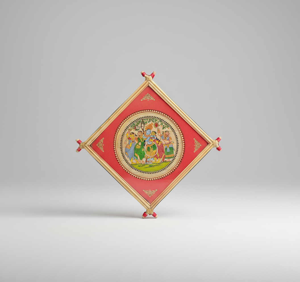 Pattachitra style painting of Krishna and Radha against a light beige wall over a console table with decor accessories 