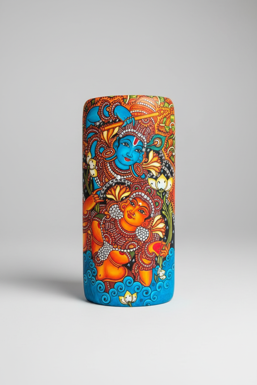 Decorative cylindrical object with colorful artistic design on a gray background