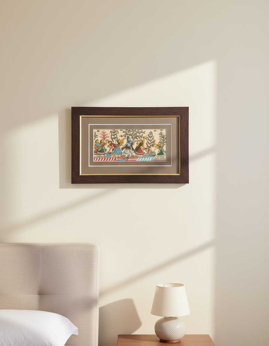 Framed artwork on a wall above a bed with a lamp next to it