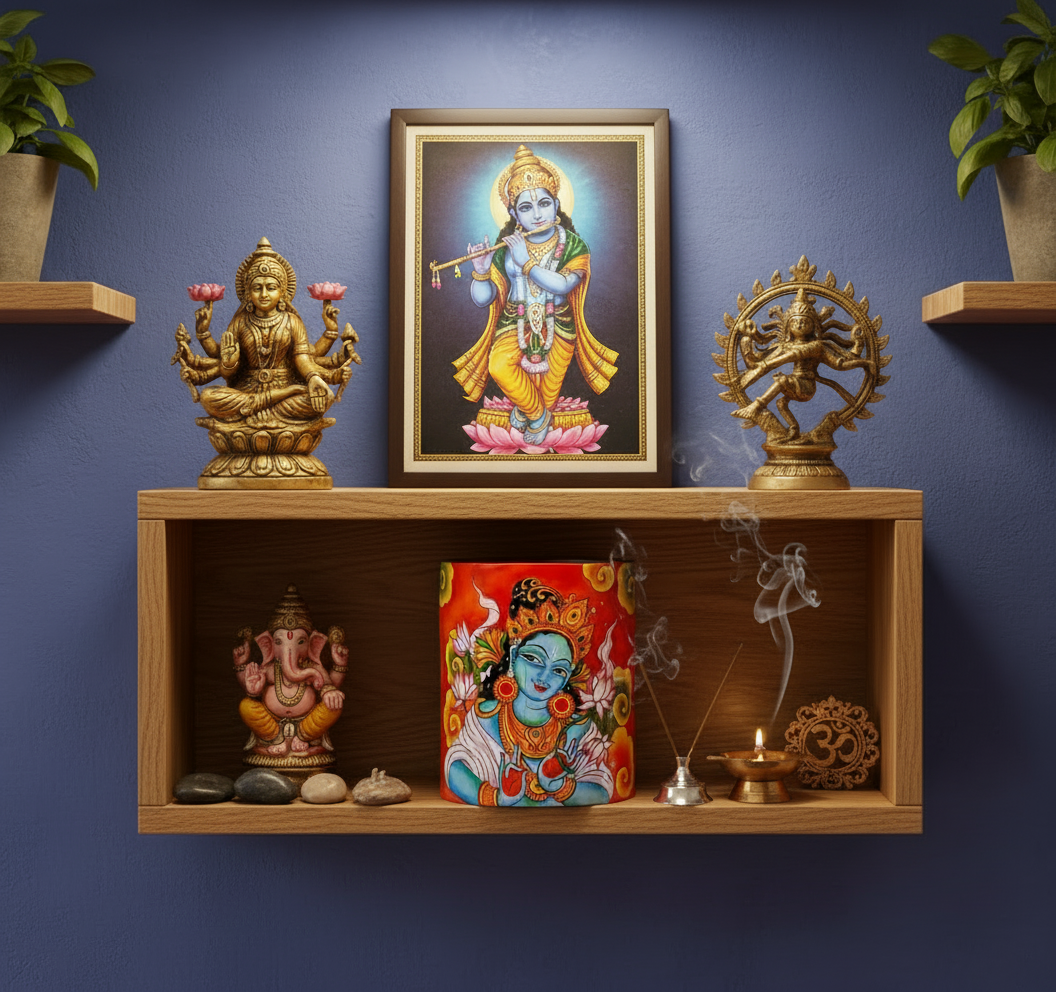 Decorative shelf with religious statues and artwork against an orange wall.