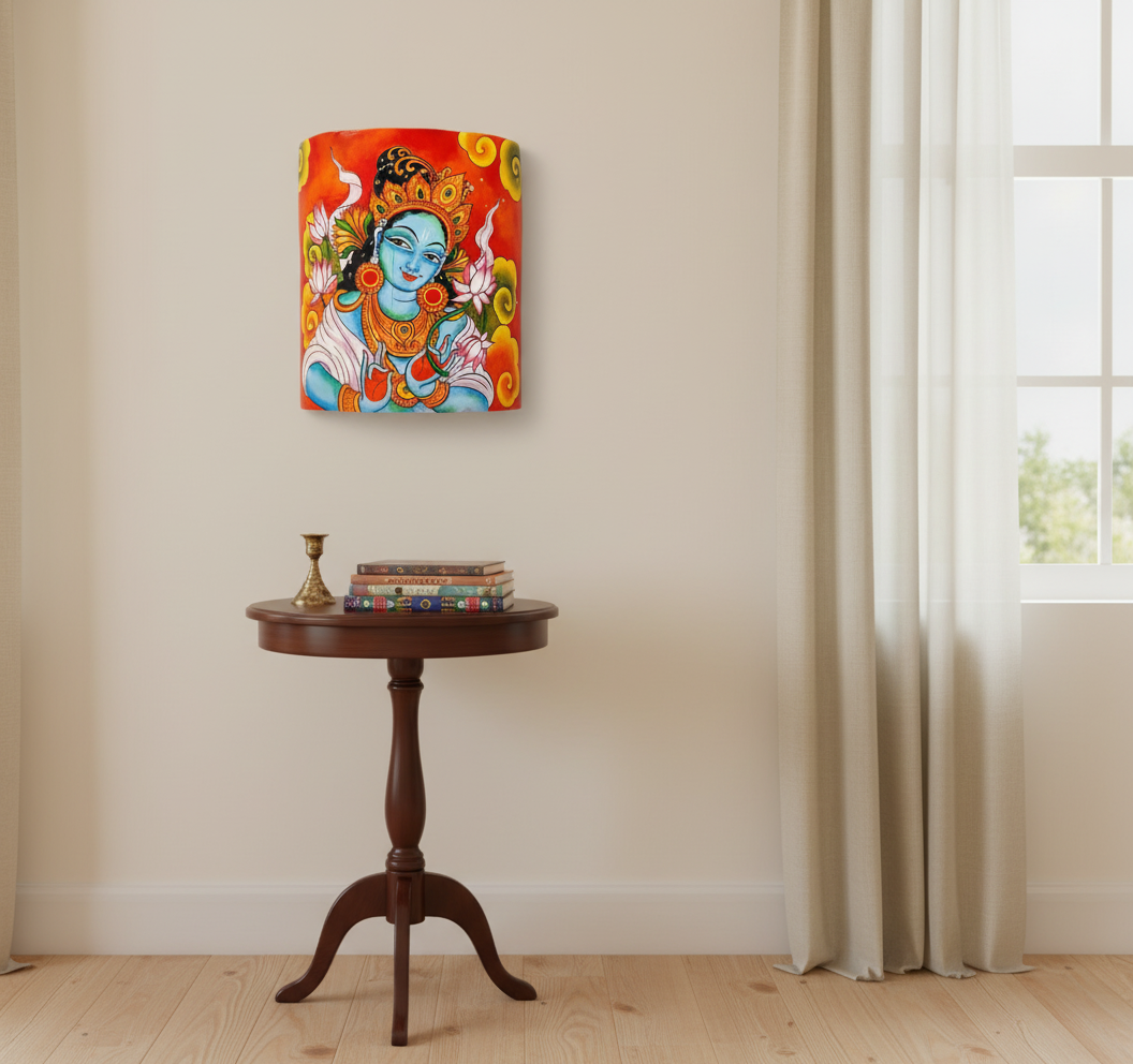 Colorful wall art of a deity on a beige wall with a wooden side table below.
