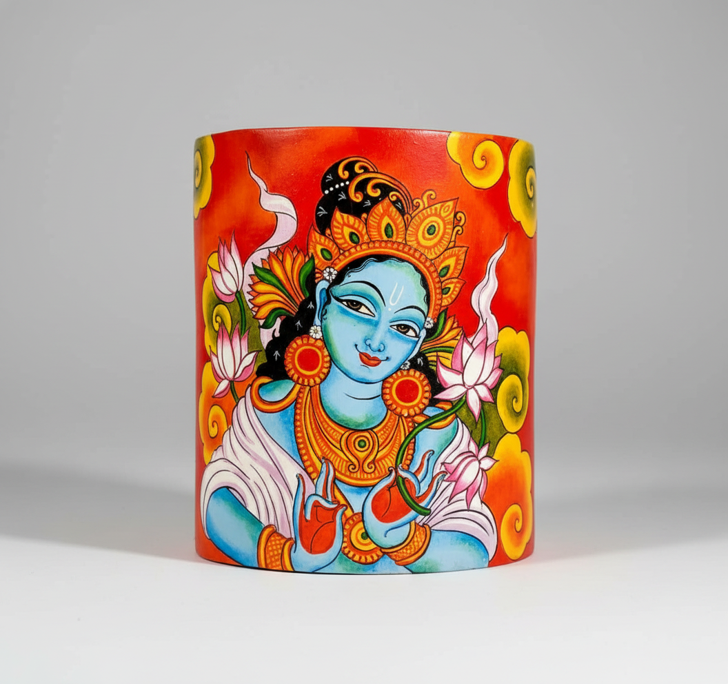 Decorative cylindrical container with a colorful design of a deity on a red background