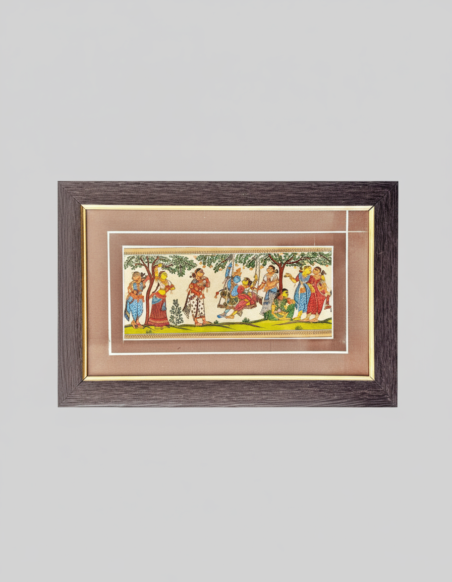 Framed artwork with a colorful depiction of people and nature on a gray background