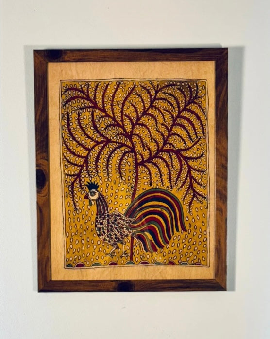Decorative painting of a rooster with intricate patterns on a yellow background, framed in wood.