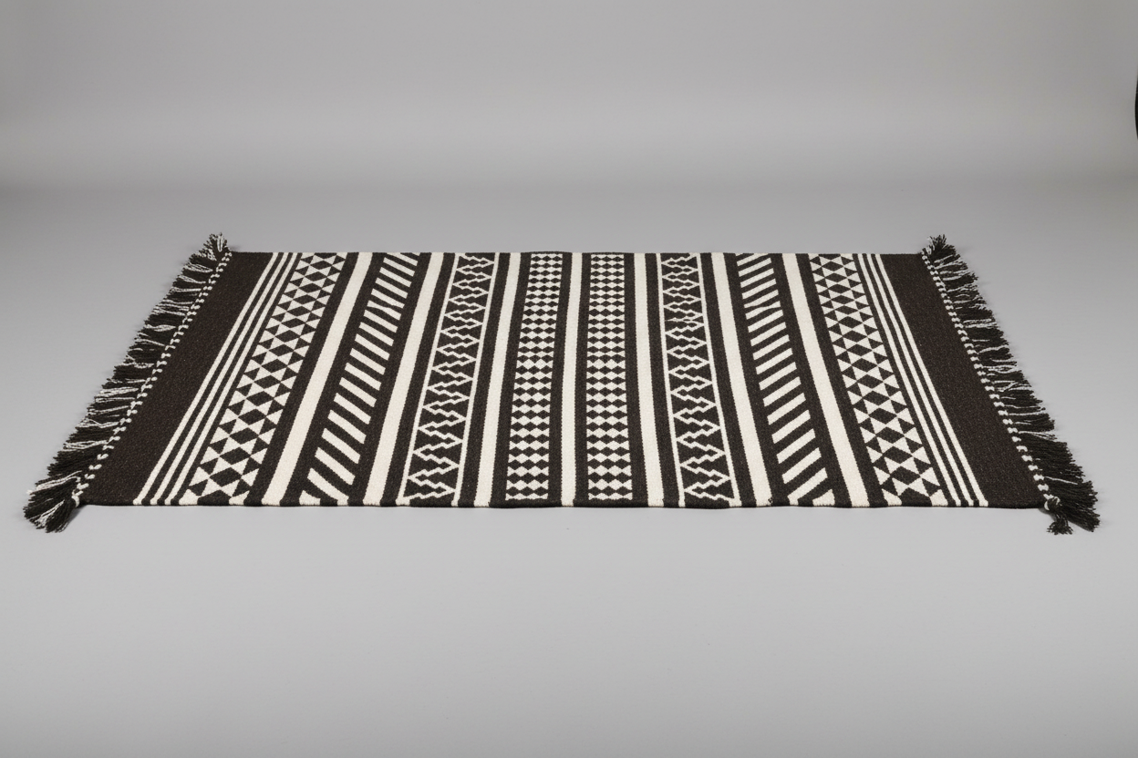 A rectangular hand woven Kutchi Kharad rug with black and off-white geometric patterns and fringe on the short ends, photographed on a neutral gray studio background.