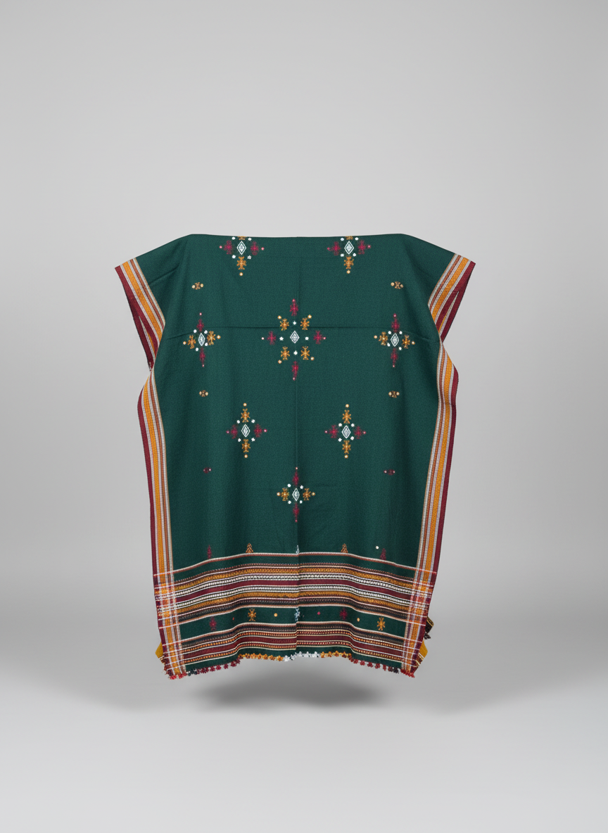 Green embroidered shawl on a gray background