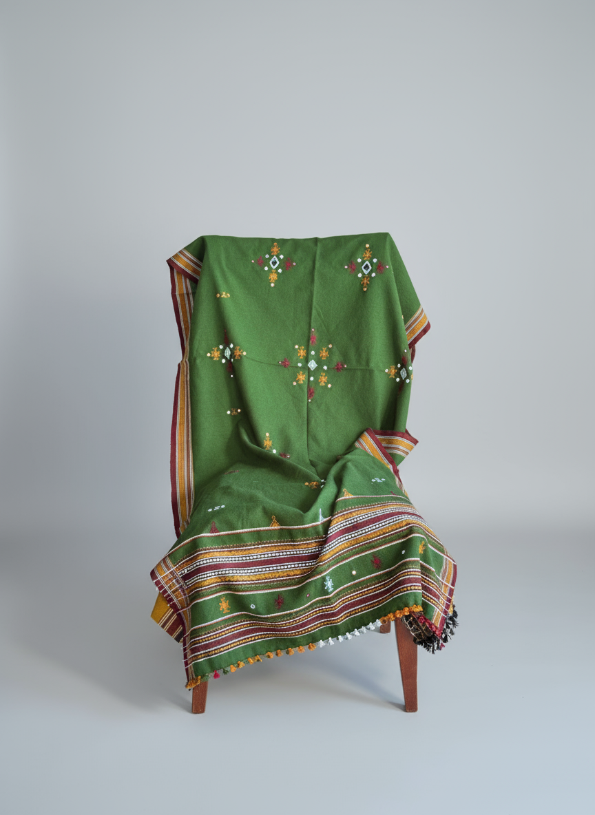 Green embroidered shawl draped over a chair on a gray background