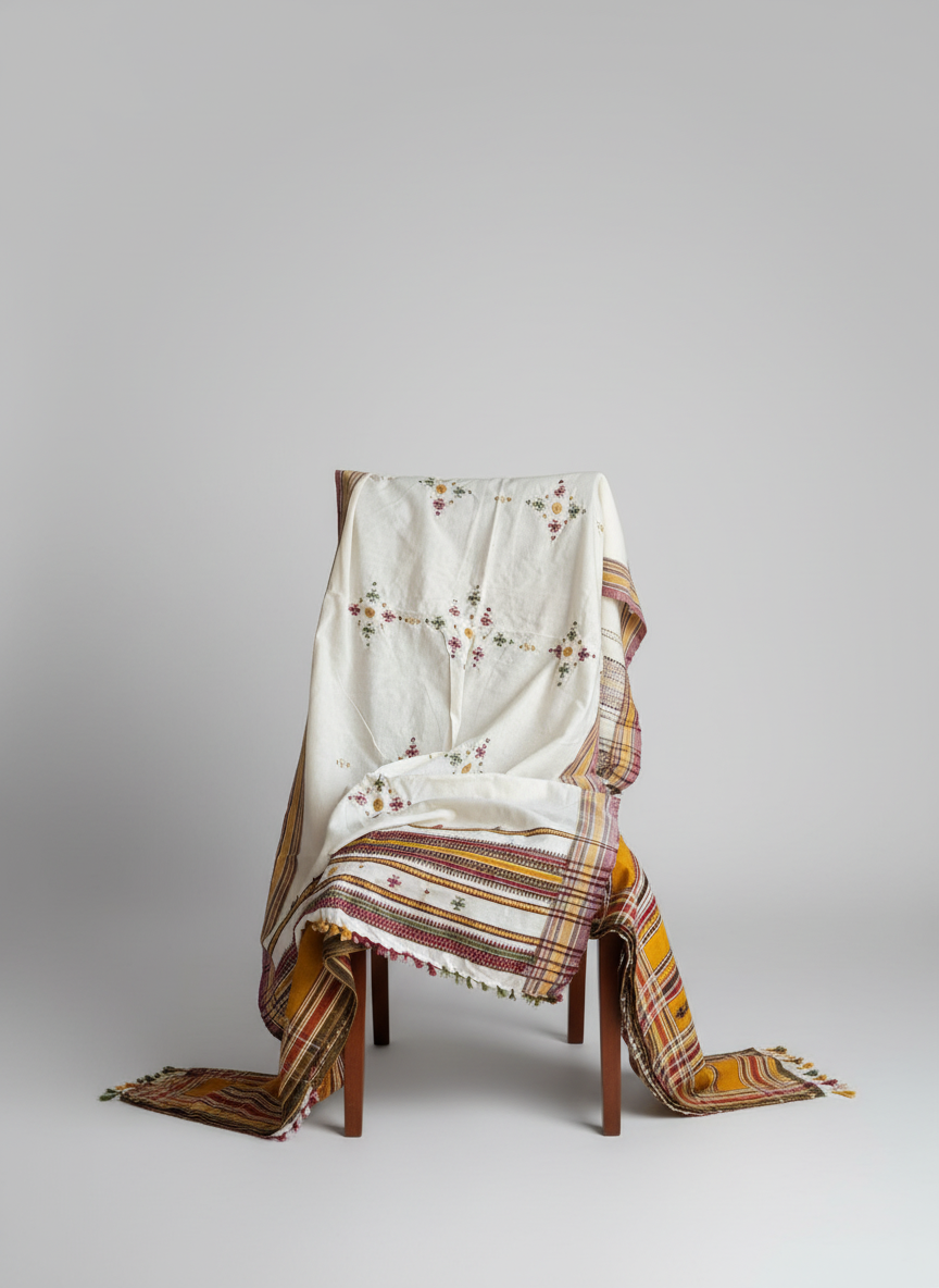Embroidered shawl draped over a chair on a plain background