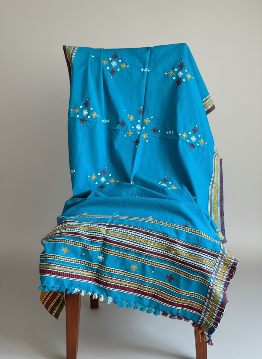 Blue embroidered fabric draped over a chair against a plain background