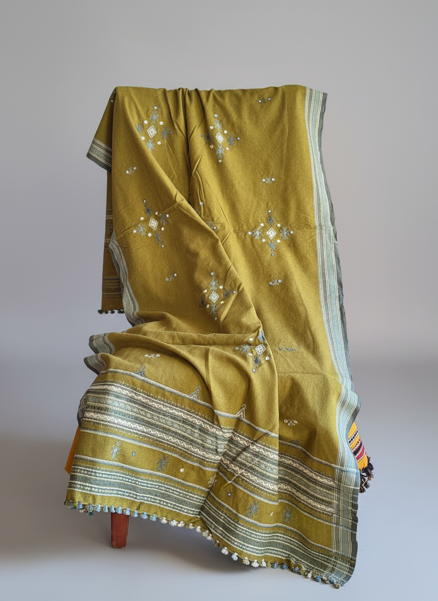 Light mustard-greenish shawl with star patterns on a gray background