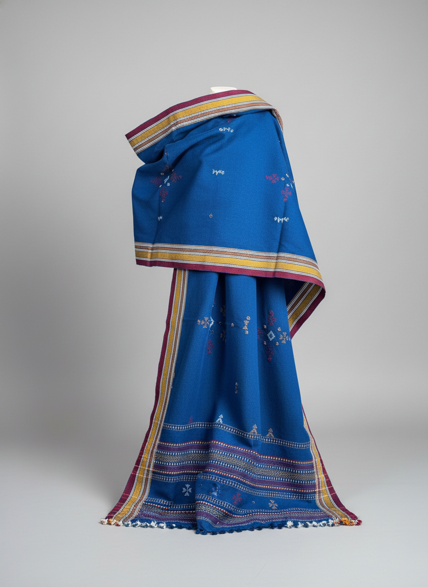 Blue shawl with colorful border on a gray background