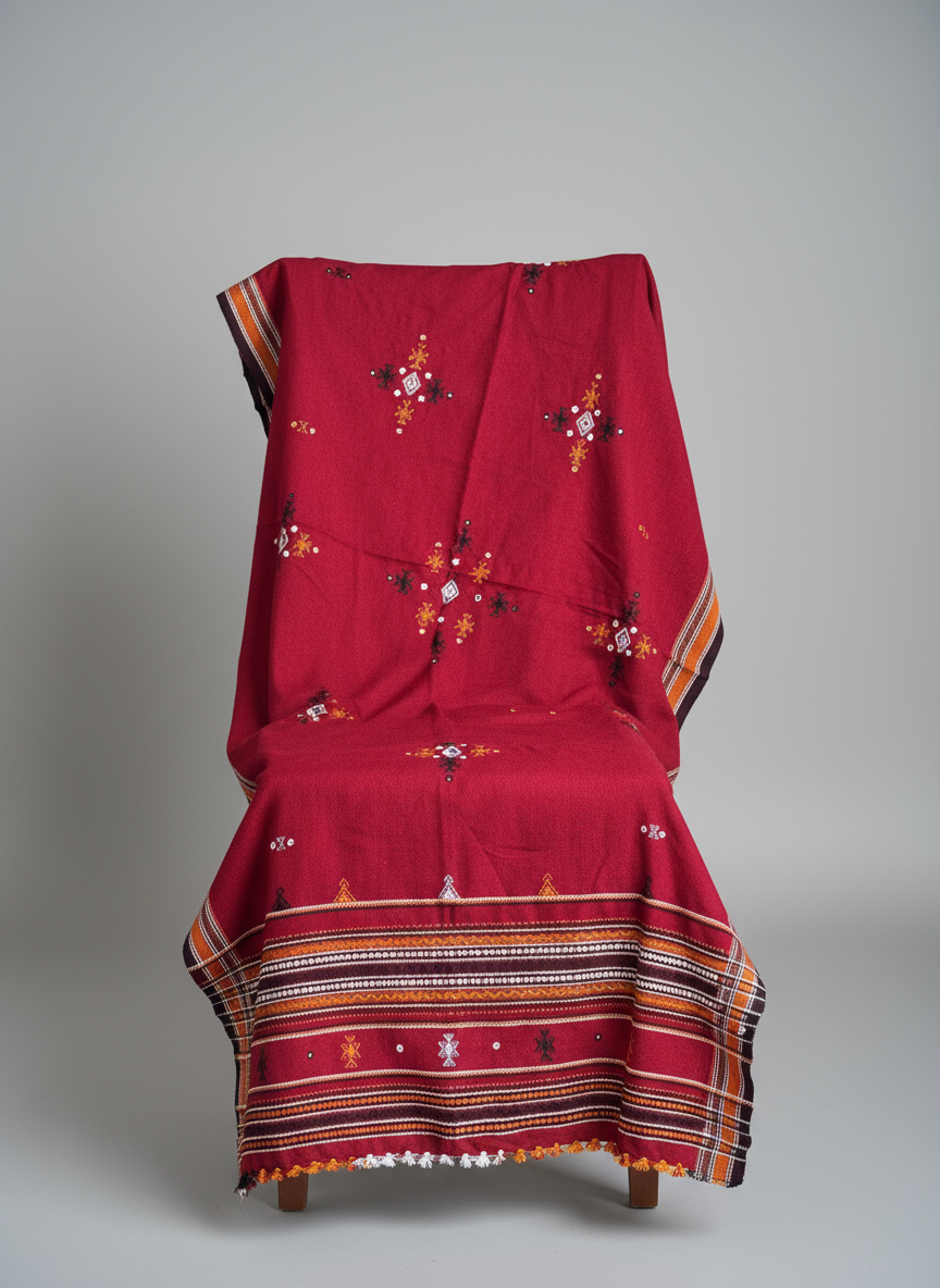 Red embroidered garment on a chair against a gray background