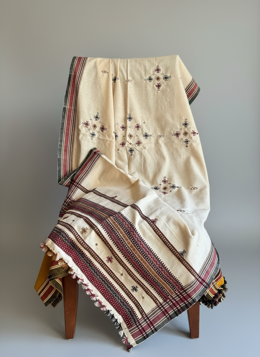 Embroidered shawl draped over a wooden stool on a plain background