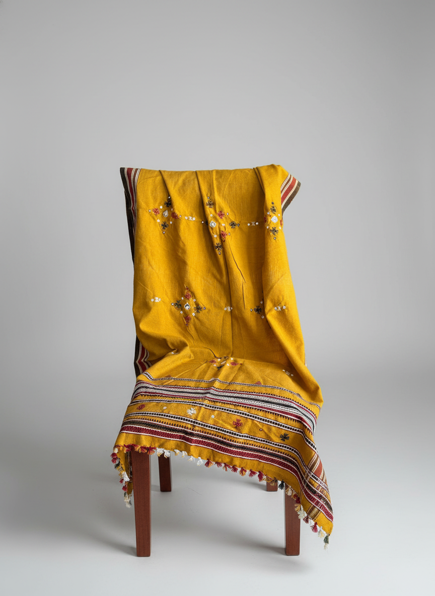 Yellow traditional shawl draped over a chair on a gray background