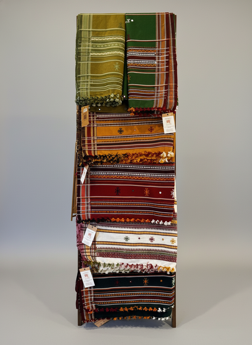 Stack of embroidered shawls on a gray background