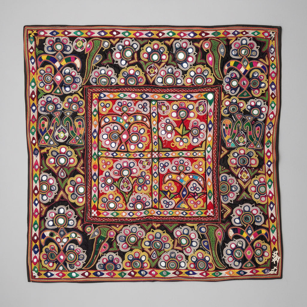 Colorful Kutchi embroidered textile with intricate patterns on a gray background