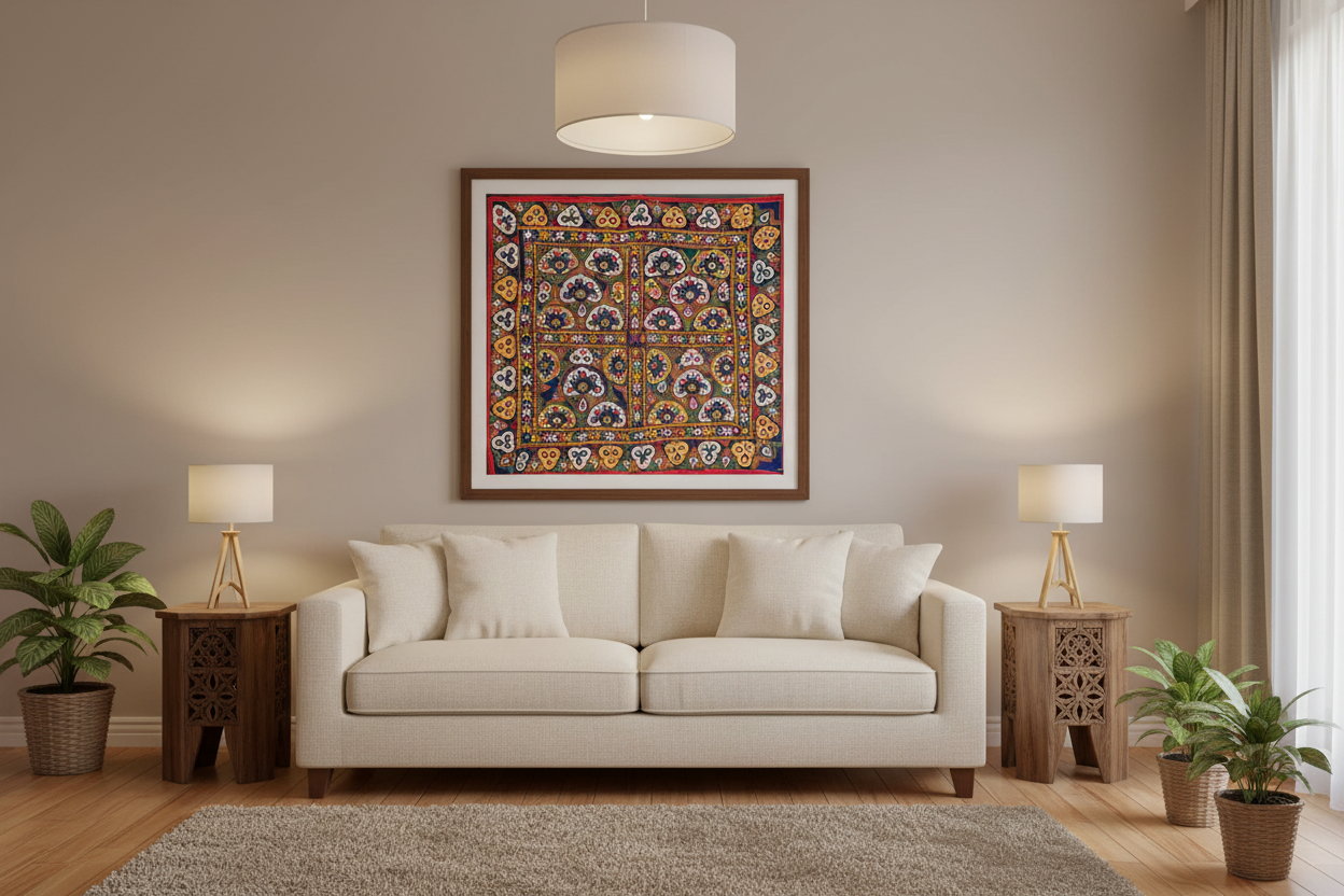 Living room with a beige sofa, Kutchi embroidery decorative wall art, and side tables.
