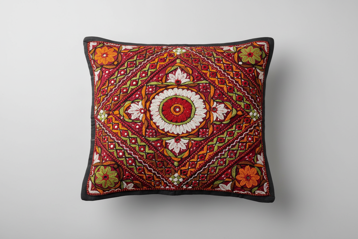 Decorative pillow with intricate Kutchi embroidery patterns on a gray background