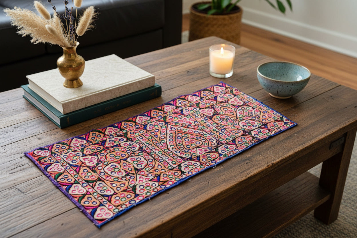 Colorful Kutchi embroidered table runner on a wooden coffee table with decor items.